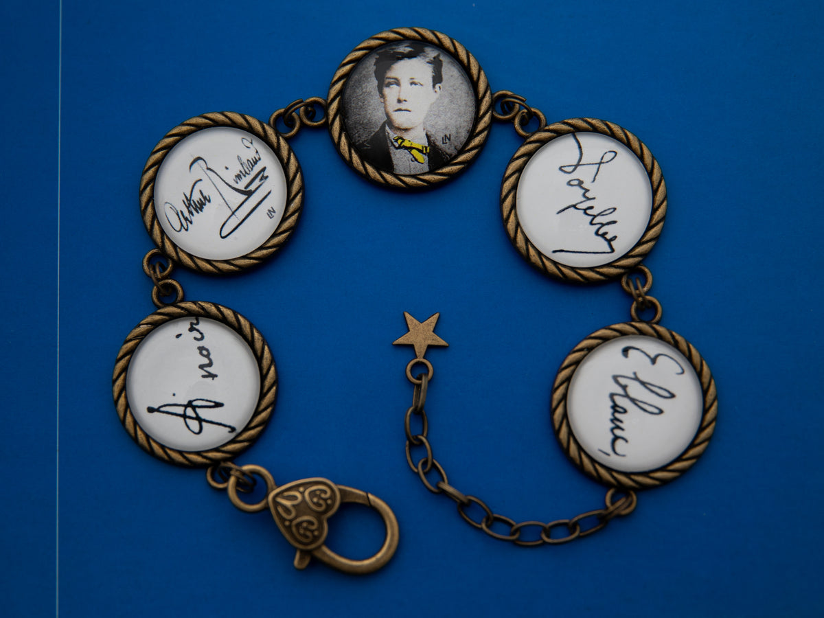 Bracelet support tressé bronze Arthur RIMBAUD bijou littéraire 5 cabochons Collection : Voyelles