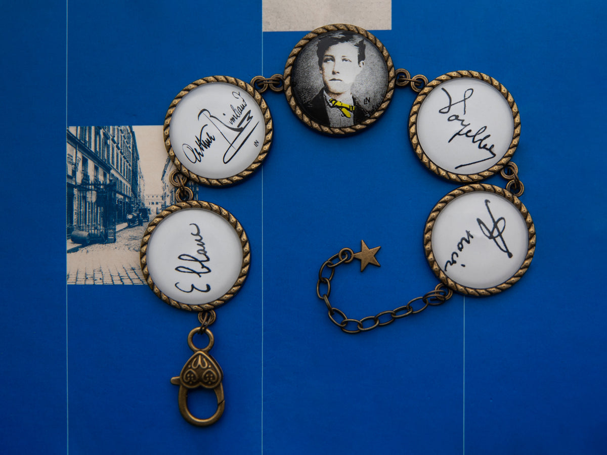 Bracelet cabochon 20mm support tressé bronze Arthur RIMBAUD bijou littéraire 5 cabochons Collection Voyelles