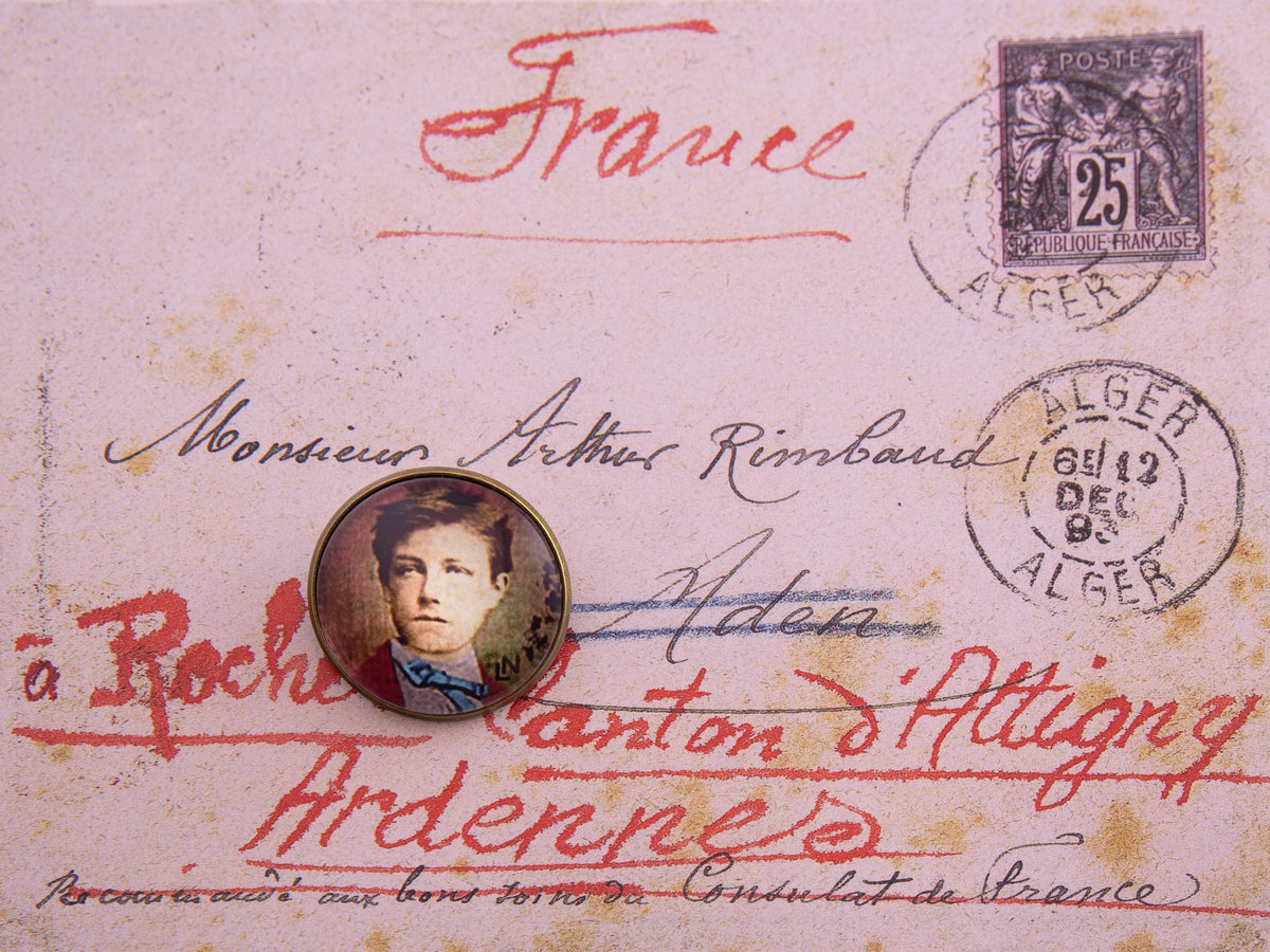 Broche épingle bronze Arthur Rimbaud bijou littéraire cabochon Collection : Les Ardennes