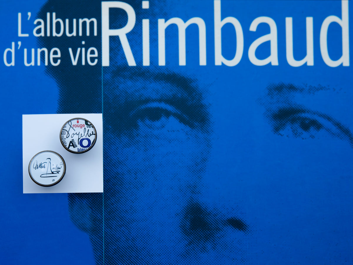Boutons de manchette signature et lettres bronze ronde Arthur RIMBAUD accessoire littéraire cabochon Collection Voyelles.