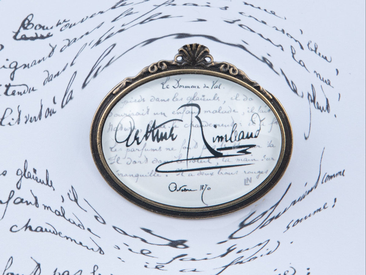 Broche cabochon ovale bronze Arthur RIMBAUD bijou littérature Collection : Le dormeur du Val.