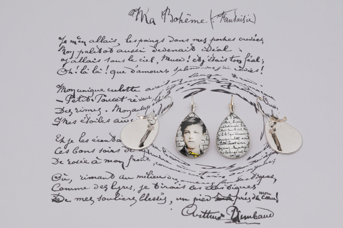 Boucles d'oreilles argent en forme de goutte bijoux littéraire Arthur Rimbaud Collection :  " Ma Bohème "