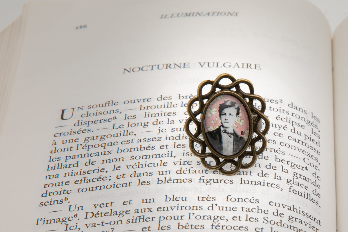 Bague bronze ovale Arthur RIMBAUD bijou littéraire Rose fond liberty cabochon Collection les illuminations poème "NOCTURNE VULGAIRE"