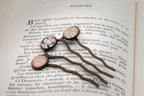 Long peigne attache cheveux bronze  Arthur RIMBAUD bijou littéraire Rose fond liberty cabochon Collection les illuminations poème "BARBARE"