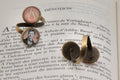 Bague bronze double cabochon Arthur RIMBAUD bijou littéraire Rose fond liberty  Collection les illuminations poème "DEVOTION"